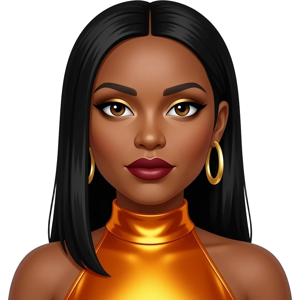 Rozonda Chilli Thomas from TLC with dark brown eyes, long black straight hair, gold eyeshadow, dark red lipstick, yellow-orange metallic high neck dress, gold earrings emoji