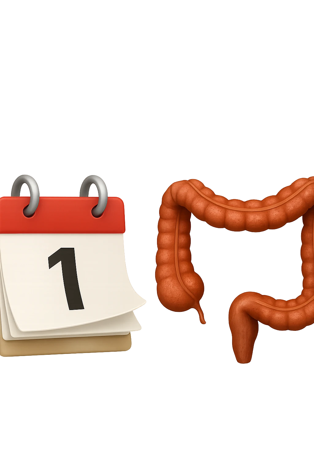 emoji stile iphone di un calendario con fogli che volano insieme a pezzi anatomici di colon umano, iperrealistico 4k, isolato su sfondo bianco emoji