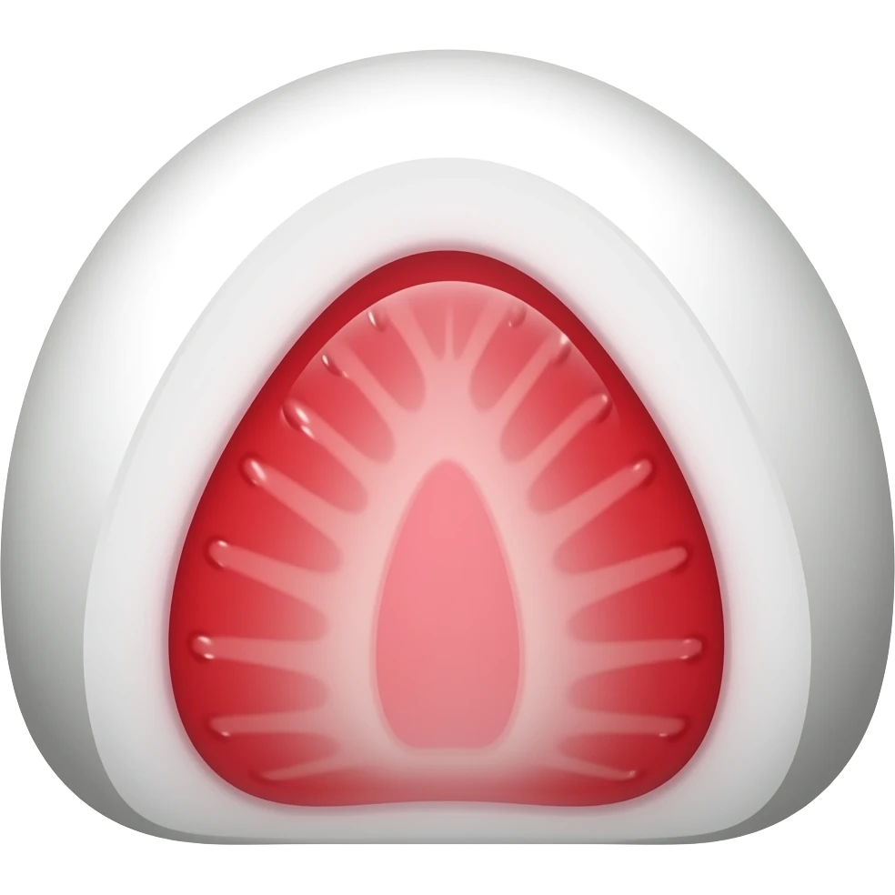 cute strawberry mochi emoji, perfectly round daifuku with smooth white mochi skin, glossy strawberry inside, one half cut open showing the strawberry center, kawaii dessert icon, clean symmetrical shape emoji