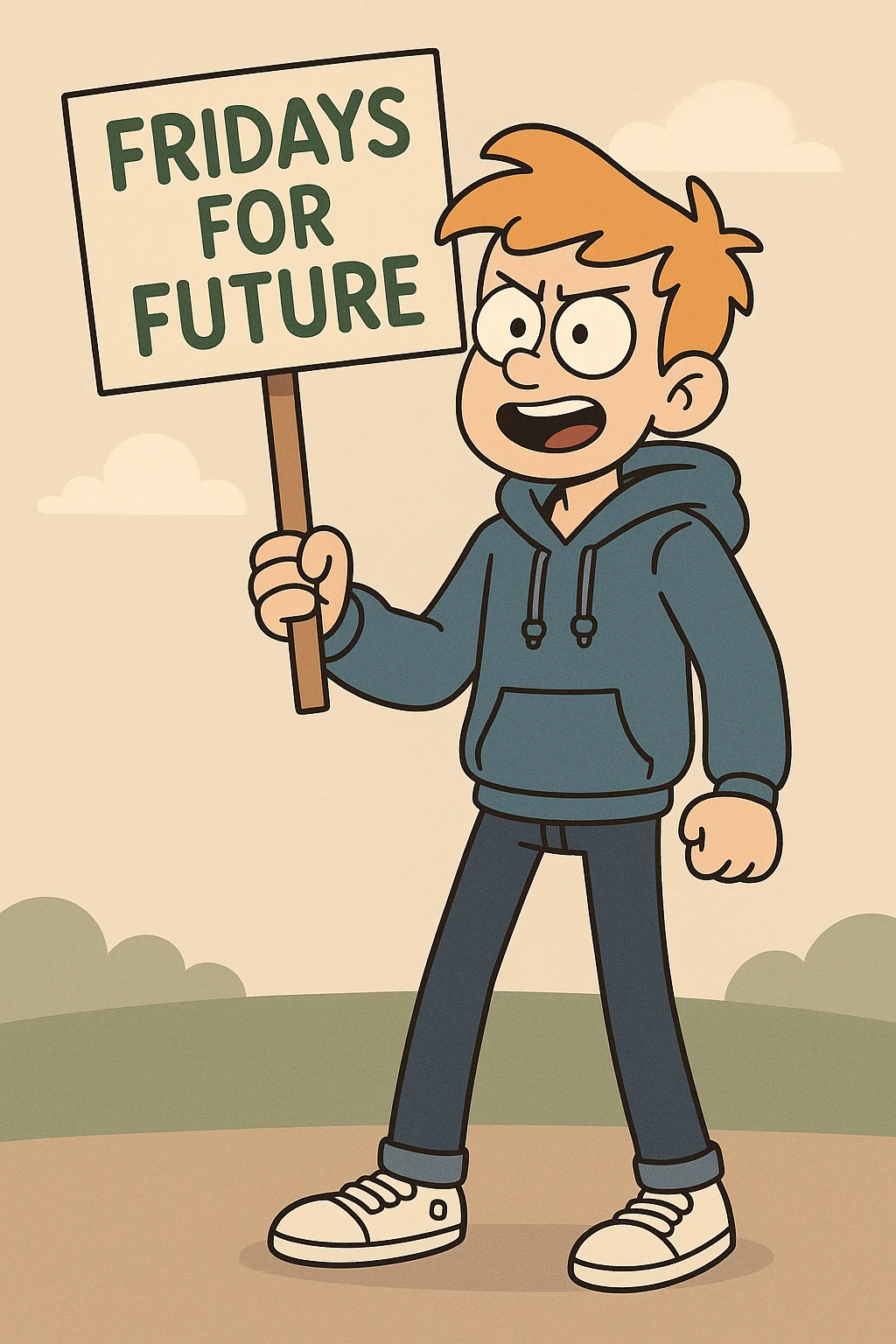  Fridays for Future a boy Yellow Orange hair blue jackets hoodie dark blue jeans white shoe  emoji