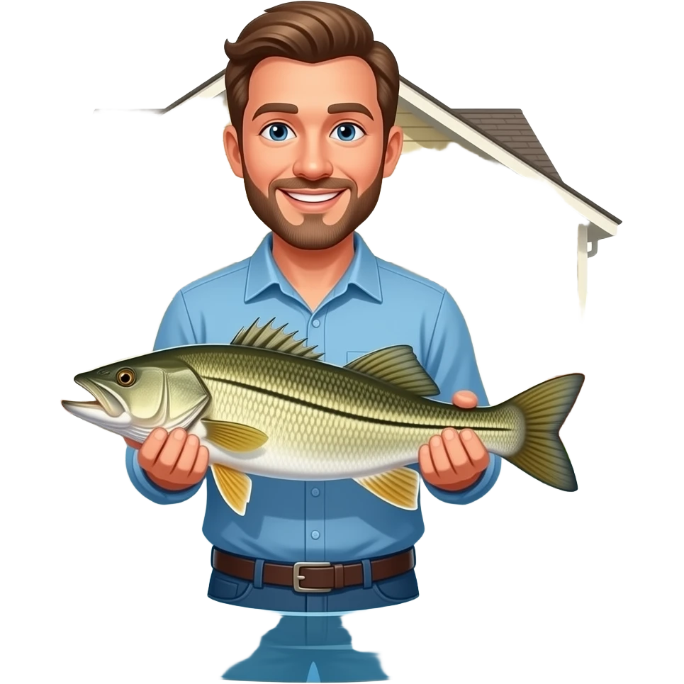 a guy holding a snook fish in his flooded driveway at his house, i need the house a flooded driveway in the background emoji