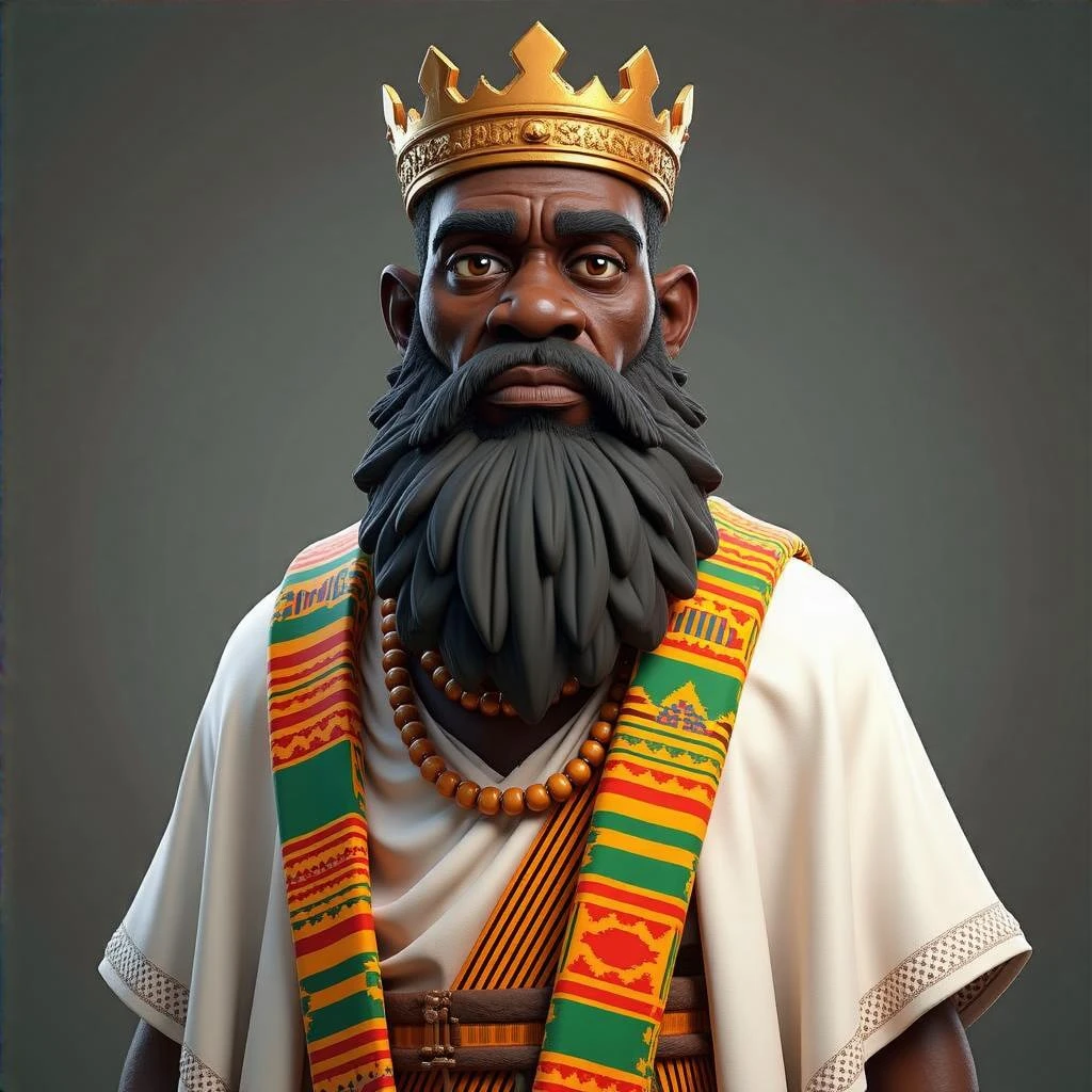 Create me a Stylized 3D Character Art of an old African king with a large beard wearing kente cloth with a white silky luxurious cloth for a Strategy Game. Make it have a balance of realism and caricature. emoji