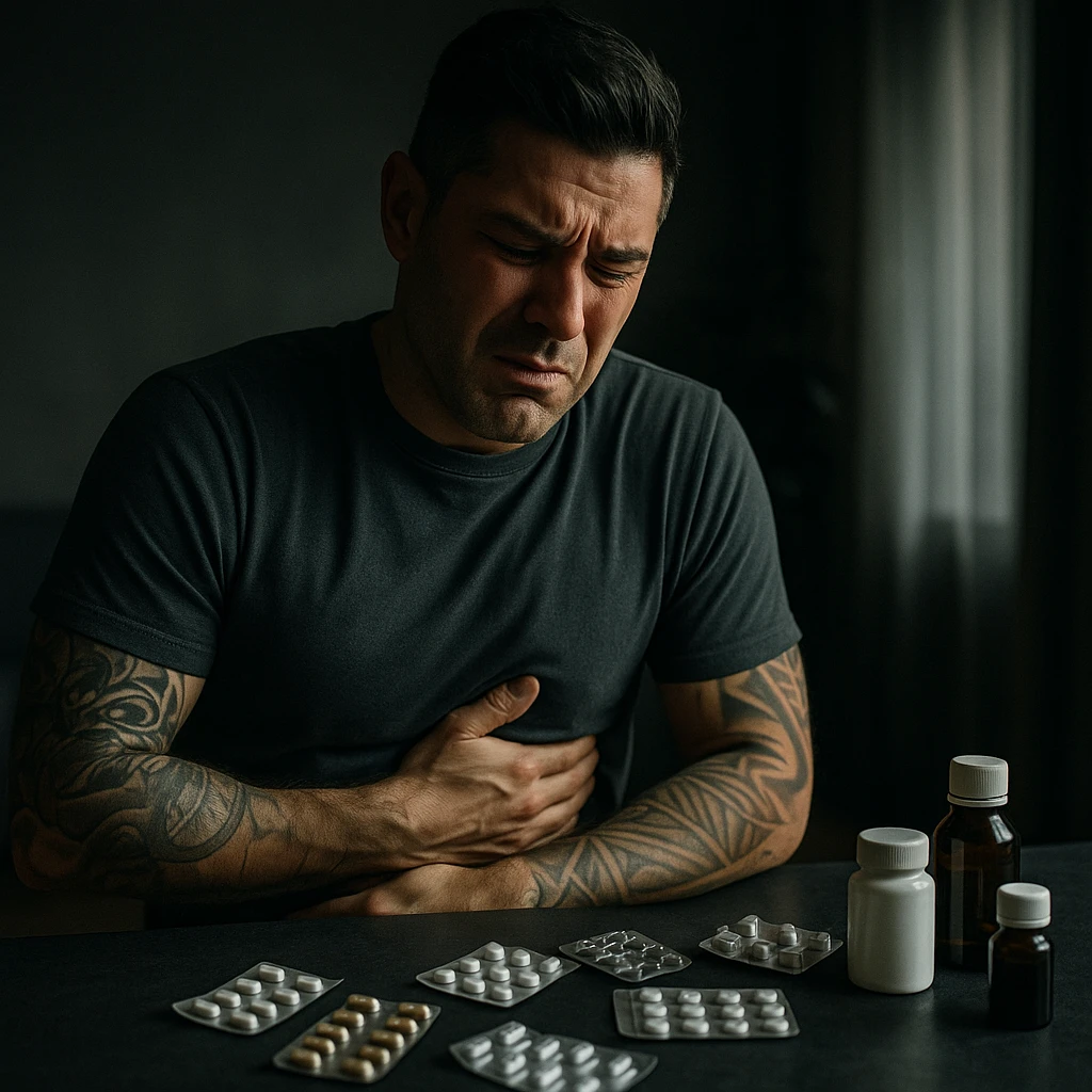 A man with a distressed expression, gently holding his right side below the ribs as if uncomfortable. On a table around him are scattered blister packs, small unlabeled bottles, and containers. The lighting is moody and soft, suggesting a reflective or concerning moment. Render in cinematic realism style with subdued colors and an emotional tone. emoji