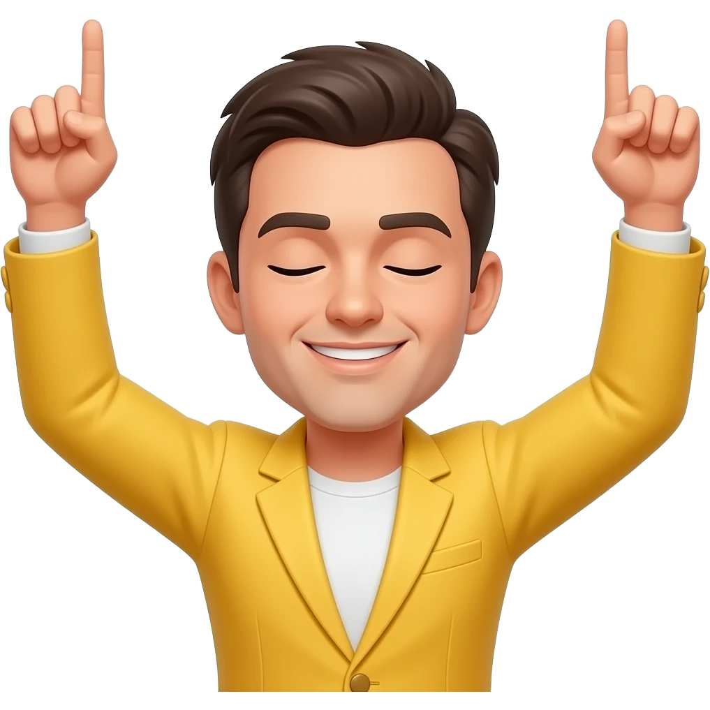 Emojis jaune blazer avec les deux bras levés vers le ciel, les index pointés vers le haut, les yeux fermé, fond blanc, style emoji de blazer , avec l’emoji de base que la tête et pas de corp emoji