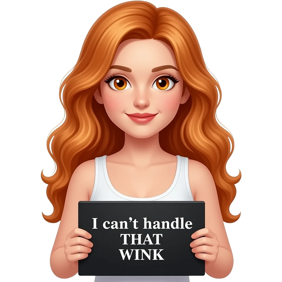 sexy girl with long wavy ginger hair and ginger eyes wearing a white tanktop is holding a black colored sign with I can't handle THAT WINK written on it emoji