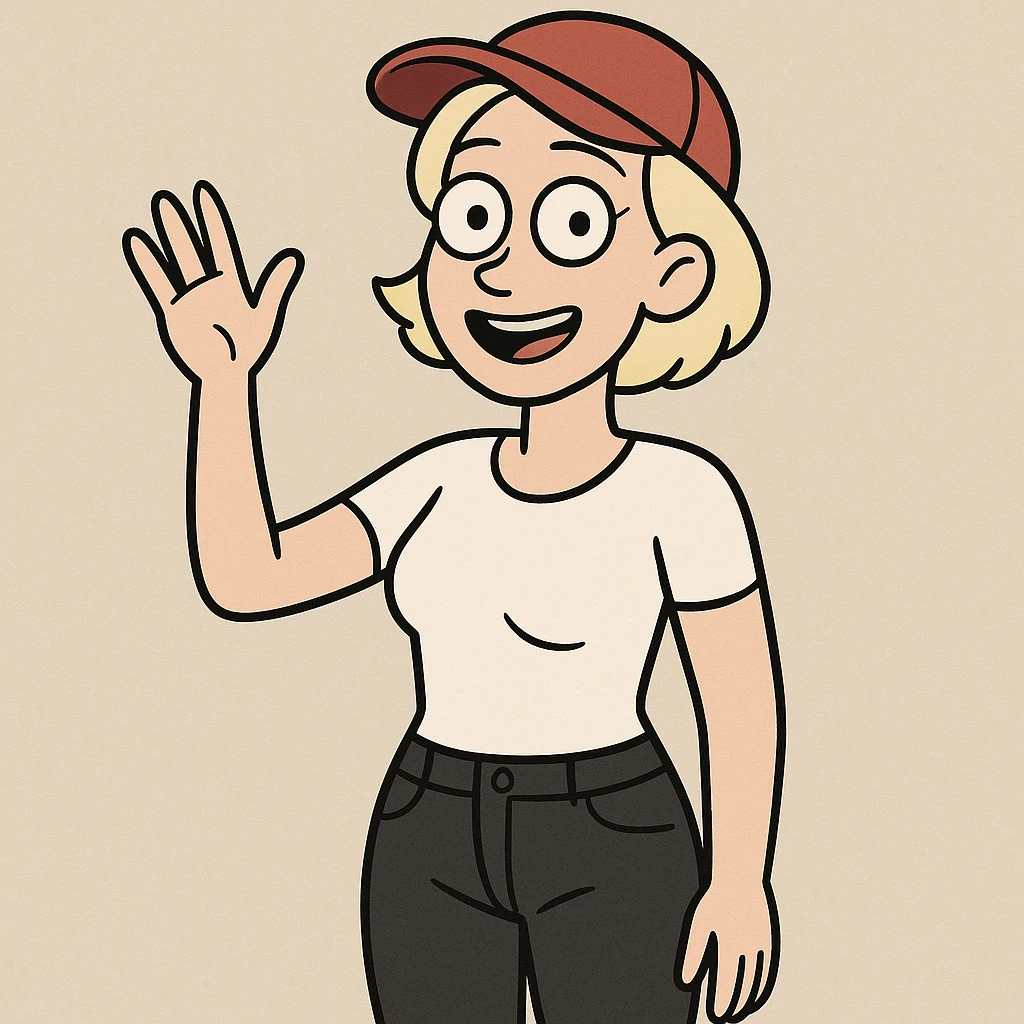 A woman Very Light Blonde short hair Red Ultimate panel Cap white top black jeans a hand say hello emoji