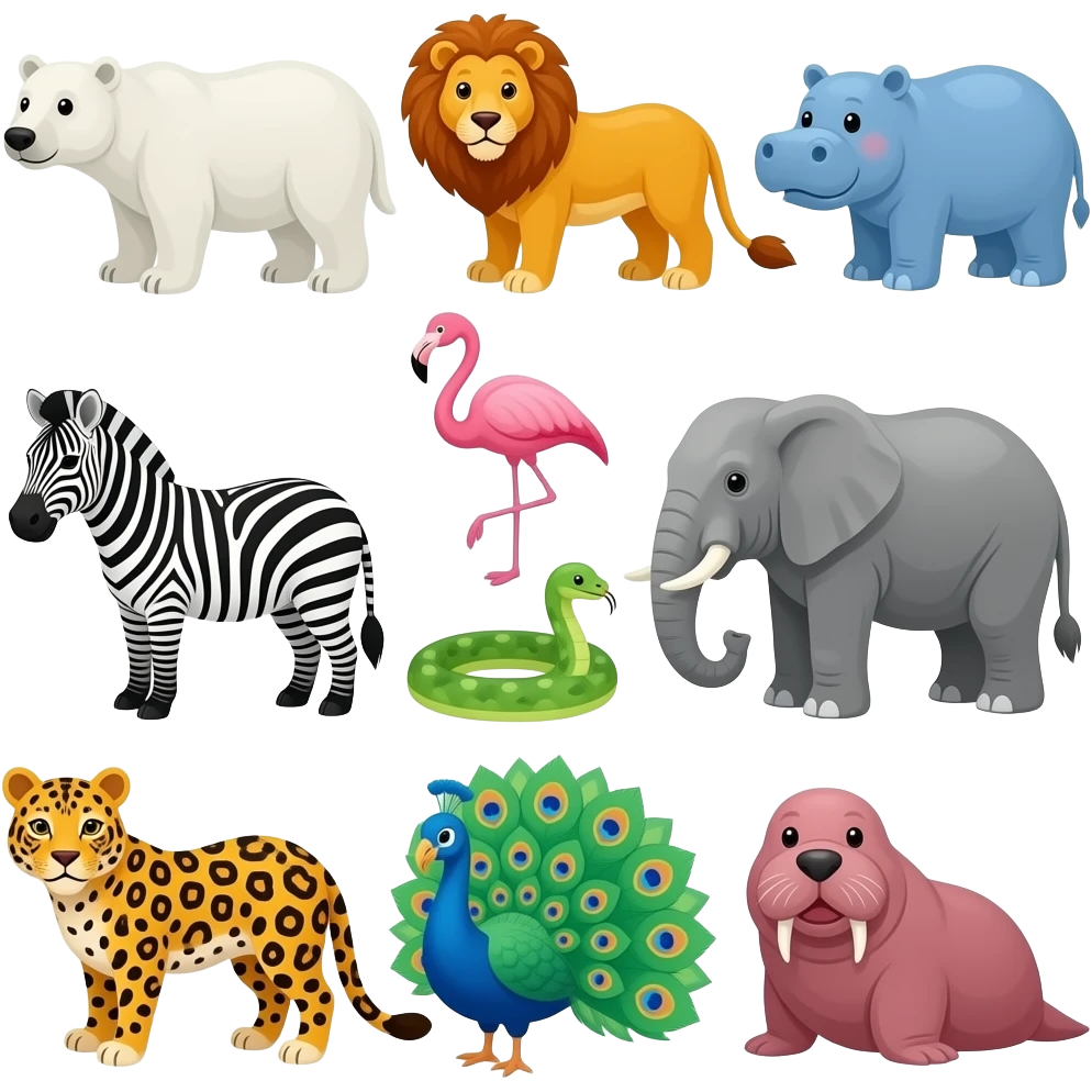 White polar bear, orange lion, blue hippo, pink flamingo, white and black zebra, green snake, gray elephant, yellow and black leopard, blue and green peacock, and pink walrus emoji