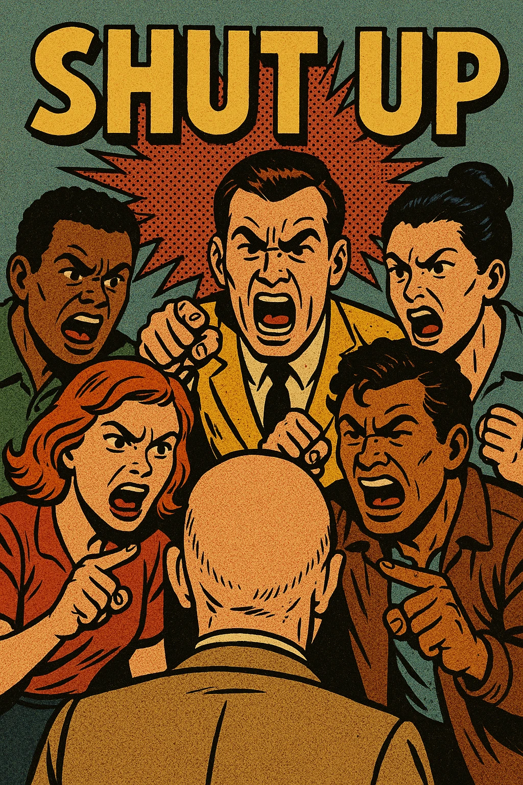 a group of diverse characters shouting at a bald man, exaggerated comic style, bold outlines, dynamic poses, text 'shut up' in the scene emoji