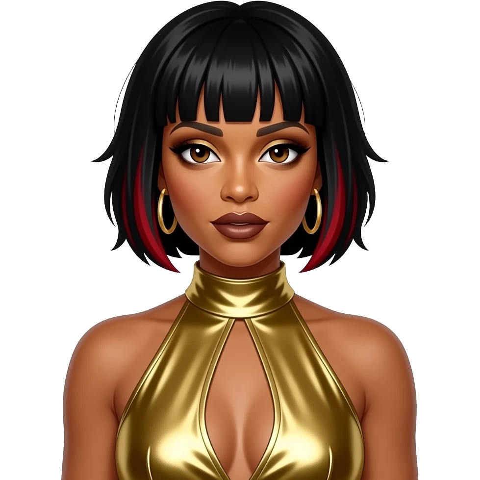 Kelly Rowland from Destiny's Child with dark brown eyes, black 2000s short spiky bang hair red highlights, gold eyeshadow, dark brown lipstick, gold metallic halter dress, gold earrings emoji