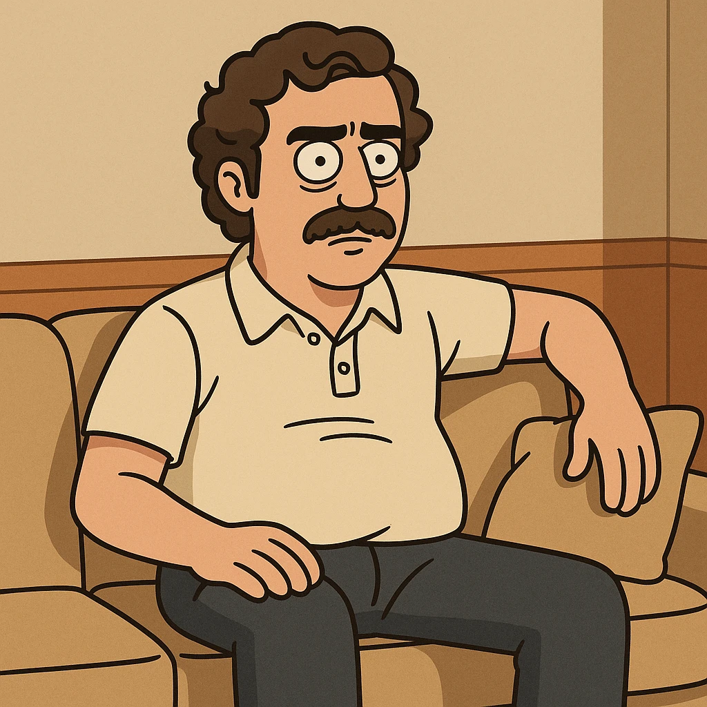 Pablo Escobar sitting on a sofa, cartoon style emoji