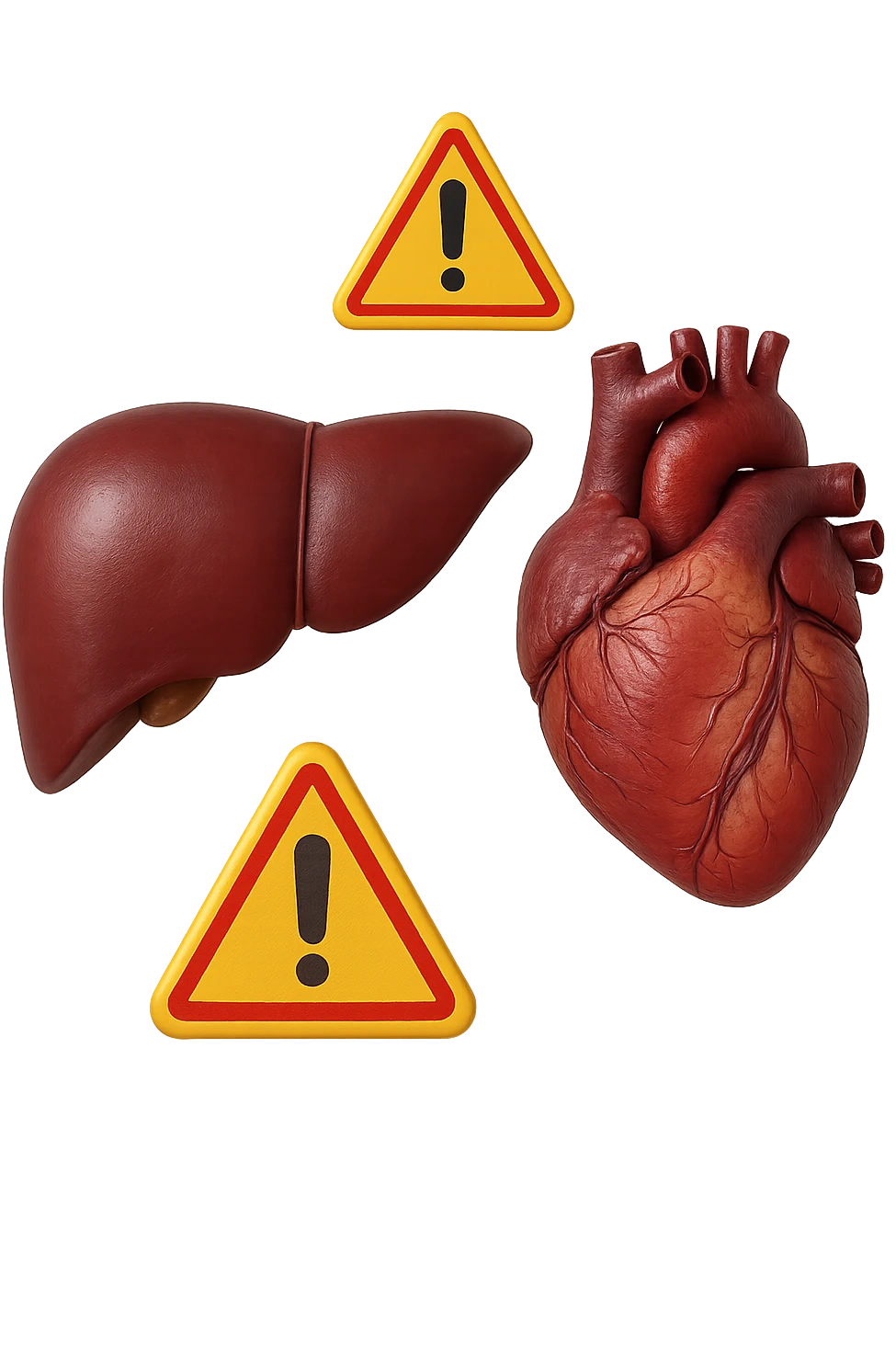 emoji stile iphone di fegato e cuore anatomici realistici in 3d che fluttuano in aria insieme a segnali di pericolo, FALLO MOLTO REALISTICO IN 3D emoji