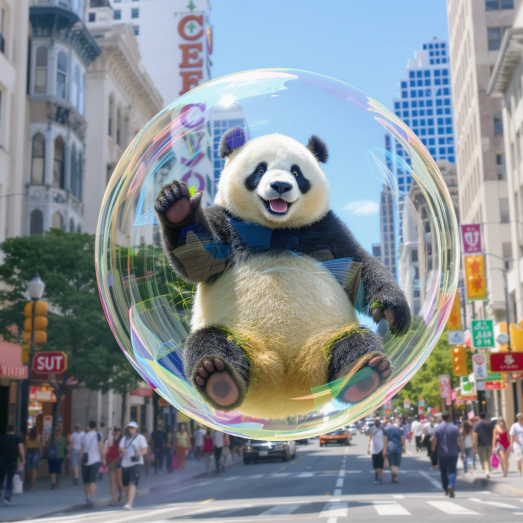 panda bear sitting in bubble flying around San Francisco downtown, sunny summer day, happy vibe emoji