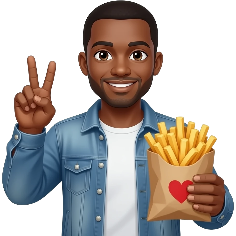 Black guy doing the peace sign in one hand and holding a bag of fries in the other emoji