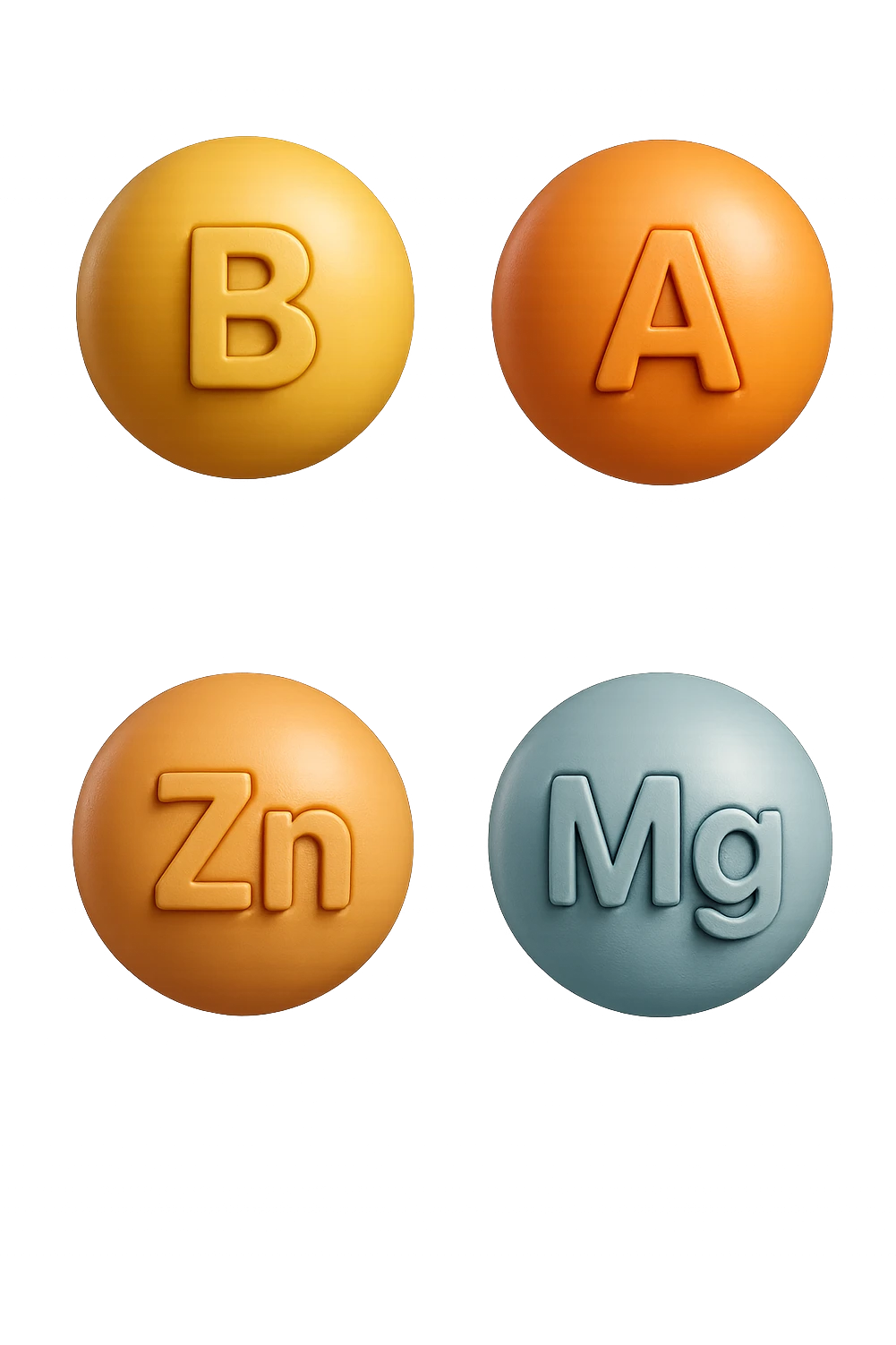 emoji stile iphone in 3d di vitamina B, vitamina A, zinco, magnesio fluttuano in aria, iperrealistico 4k emoji