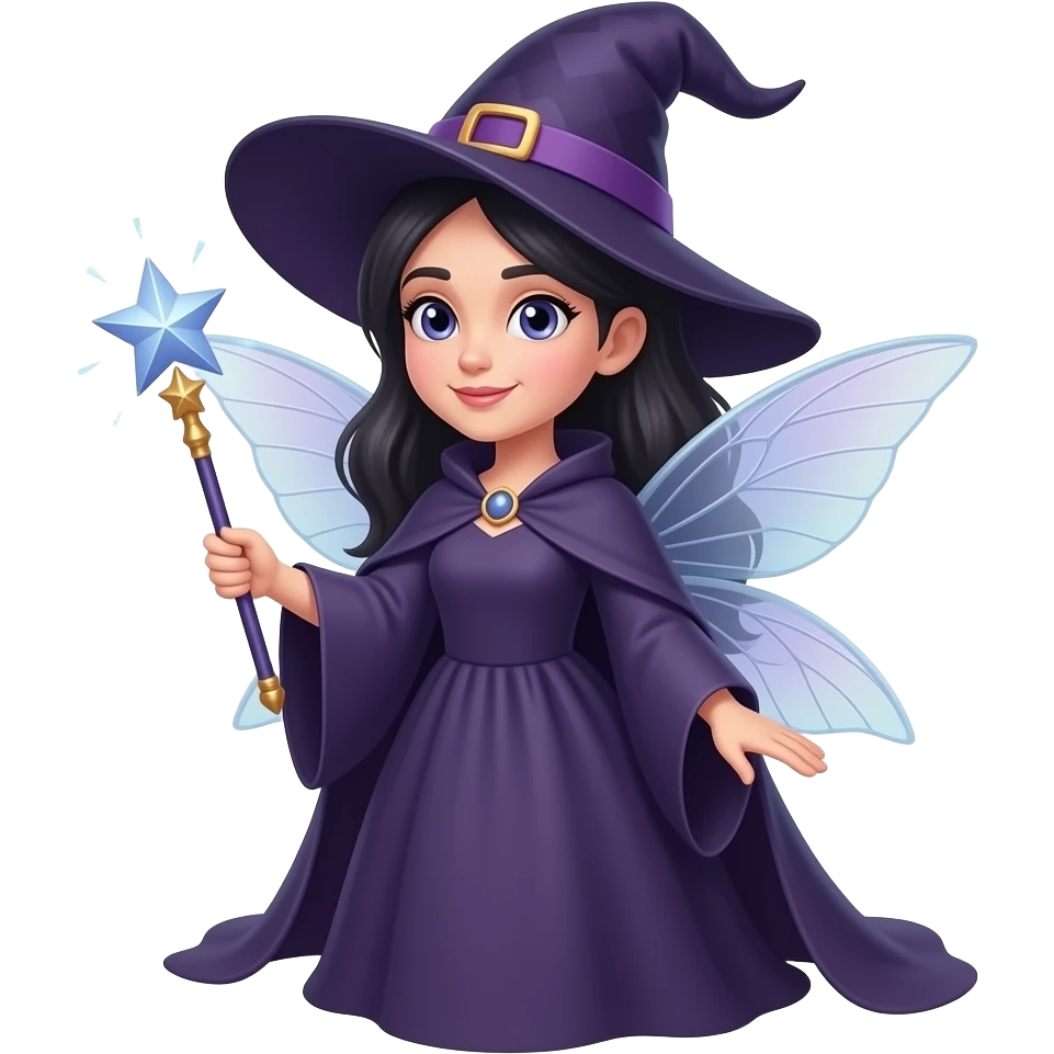 fairy godmother with magic wand face, no hat, with dark hair, with wings emoji