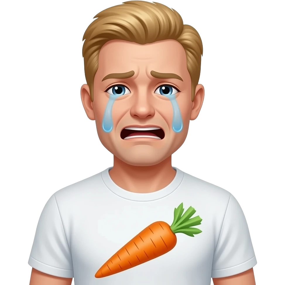 Sarışın bir erkek ağlıyor ve tişörtünün üzerinde havuç var emoji