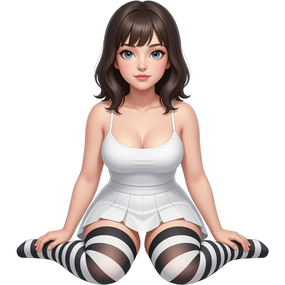 Hyperrealistic Frontal view curvy emo girl sits white skirt striped stockings. Nude boobs. emoji