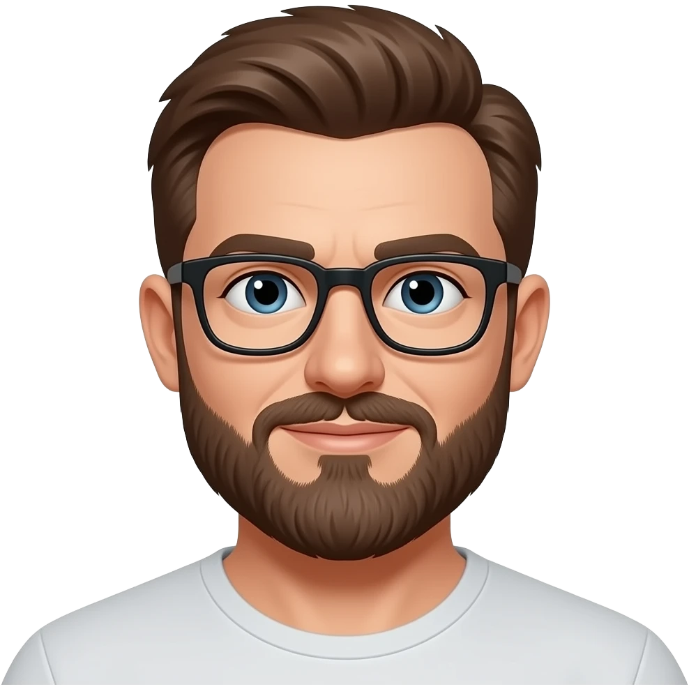 bald man with pale skin, brown hair, brown beard, and black glasses emoji