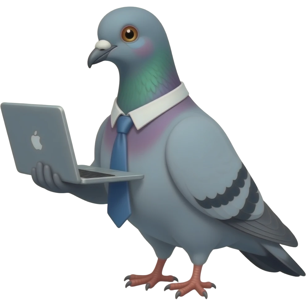 Create an exhausted office pigeon emoji with tie loosened, tiny eye bags, one wing holding a laptop, deadpan expression, simple readable silhouette. emoji