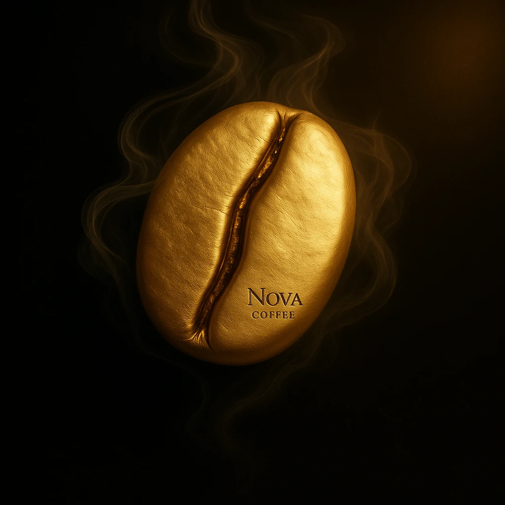 Refine the golden coffee bean to be even more detailed and realistic, maintaining a clean, minimalist, luxurious style. Add the text 'Nova Coffee' with a subtle, fine, elegant touch, not engraved or burned deeply, and do not split the bean. Place the text gently in the lower right area of the bean, visible but discreet, enhancing the premium feel. Retain the soft swirling mist and the black background with a soft golden glow in the corners, transparent edges, highest resolution. emoji