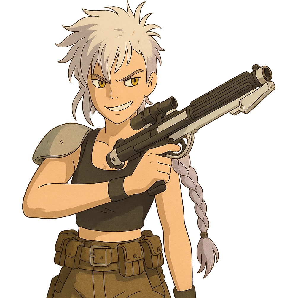 1 FEMALE, GOLD YELLOW EYES, WHITE HAIR LAVENDER TIPS, MESSY LOCKS BANGS MOHAWK, LONG BRAID, small black sports tank top, a single large light gray shoulder pad, tactical belt with many pouches, HOLDING A STORMTROOPER'S E11 BLASTER RIFLE, BRANDISHING, mischevious GLARE, style of star wars original character emoji