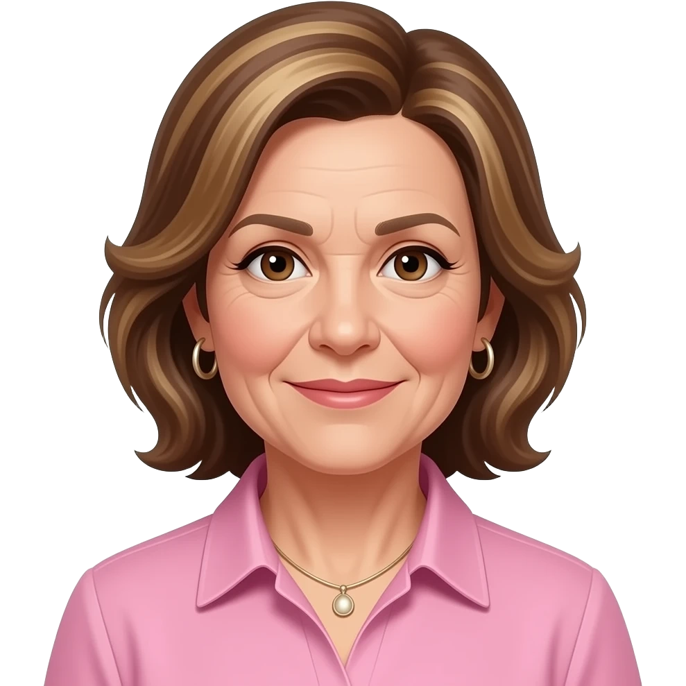 woman in 50s with brown highlighed hair pink formal shirt with collar, wearing hoop earrings and necklace, brown eyes, hoop earrings and necklace emoji