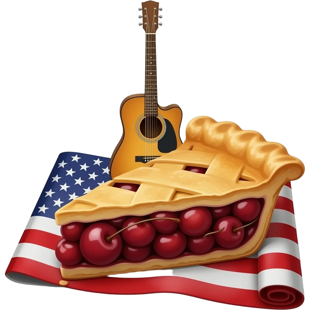 A guitar peeks out from a piece of cherry pie that is placed on a rolled-up old American flag. emoji