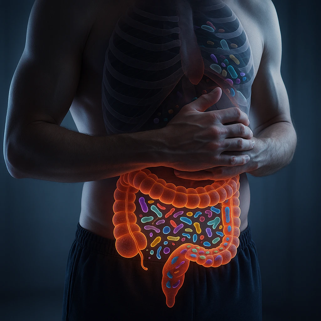 Hyperrealistic 4K human body in a similar position to the reference image, with the intestine highlighted and glowing. No parasites present, but showing altered microbiota (dysbiosis) with diverse bacteria and microorganisms of various shapes and colors inside the intestine. Clinical atmosphere, highly detailed and realistic. emoji