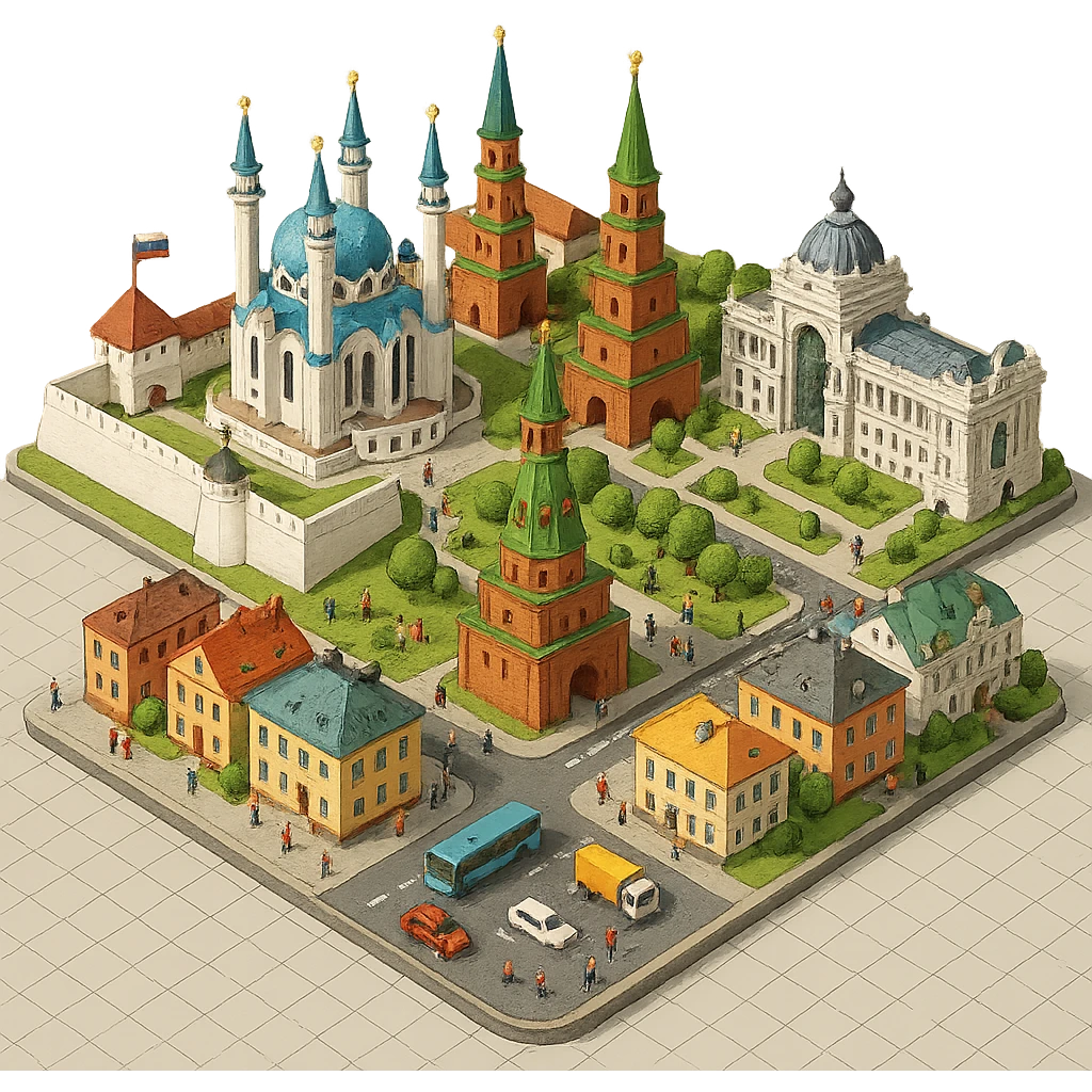 Изометричная миниатюрная фотореалистичная 3D модель панорамы Казани - Казанский Кремль, Кул-Шариф, Башня Сююмбике, Дворец земледельцев, казанские дома, автотранспорт четкие линии, яркие цвета, мультяшный реализм, люди, автотранспорт, компактная композиция, вид сверху в изометрии, прозрачный фон emoji