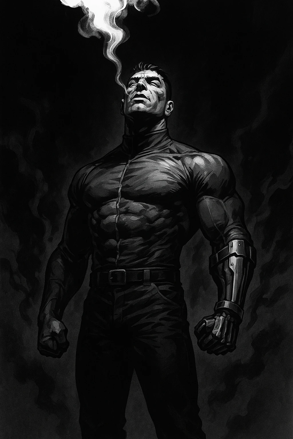 Black and white comic book panel of an extremely muscular Italian man with cybernetic implants standing in the dark, surrounded by smoke. He is wearing a long-sleeved shirt with a high collar, and his chest is sculpted. emoji