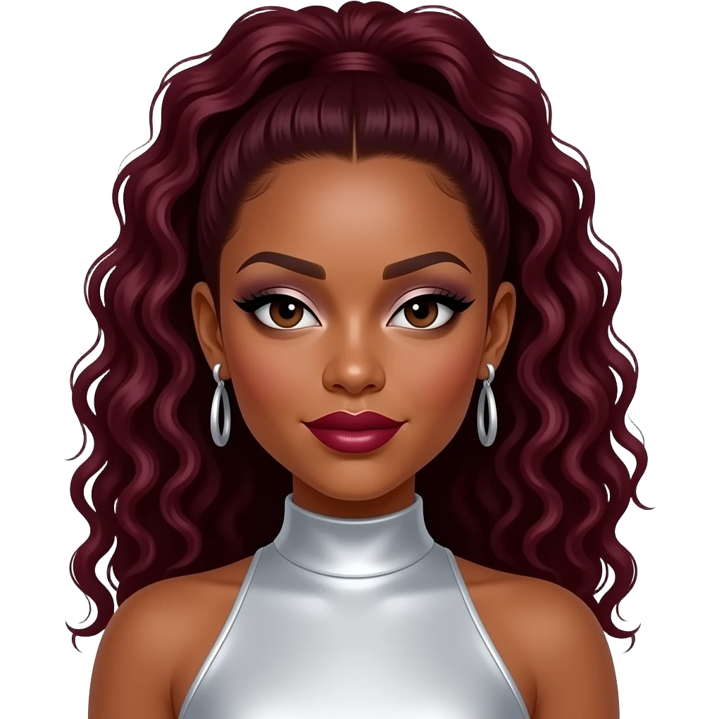 LaTavia Roberson from Destiny's Child with dark brown eyes, long dark red curly high ponytail hair, silver eyeshadow, dark red lipstick, silver high neck dress, silver earrings emoji