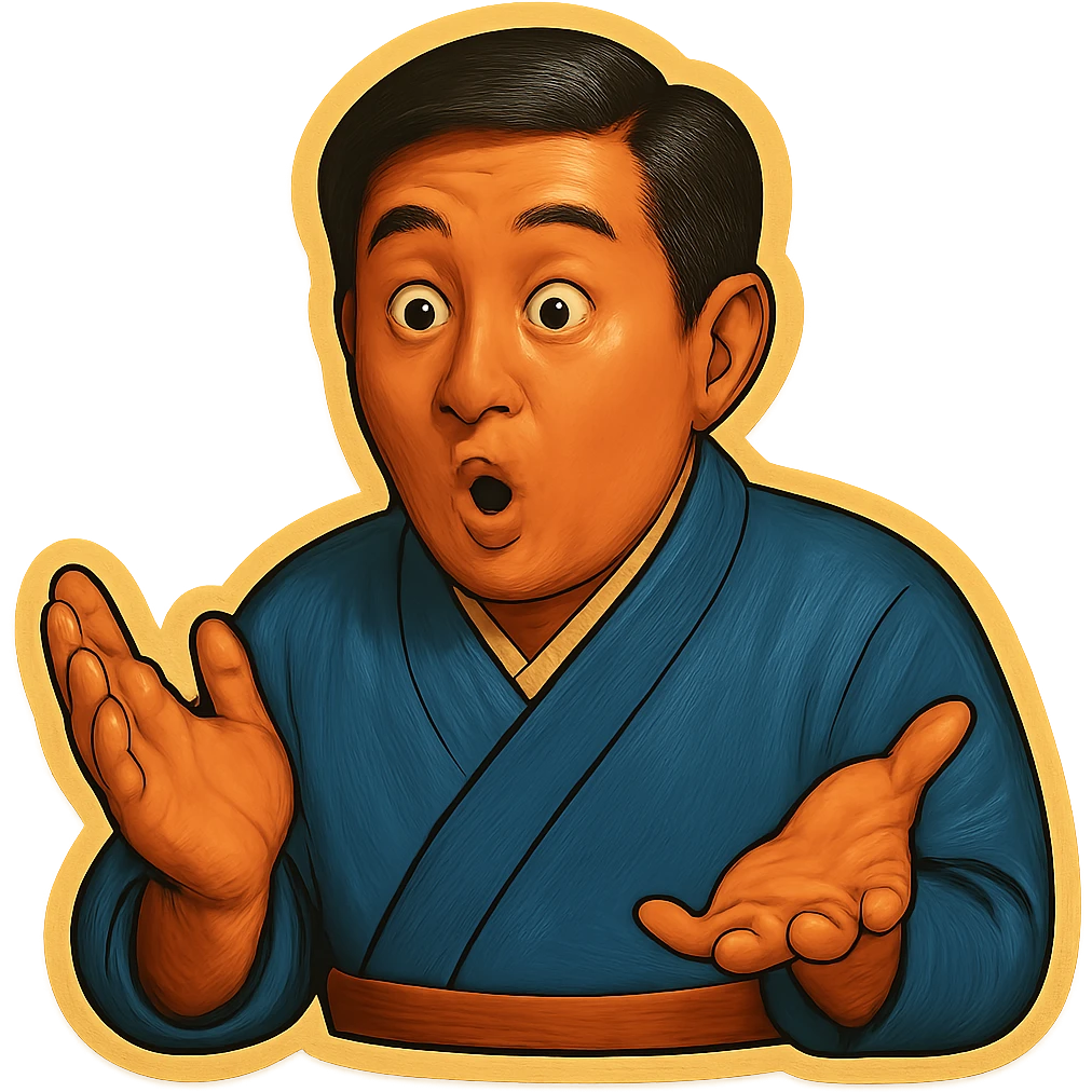 The same Japanese man in traditional kimono looks at the viewer with a surprised look, and his hands are empty emoji
