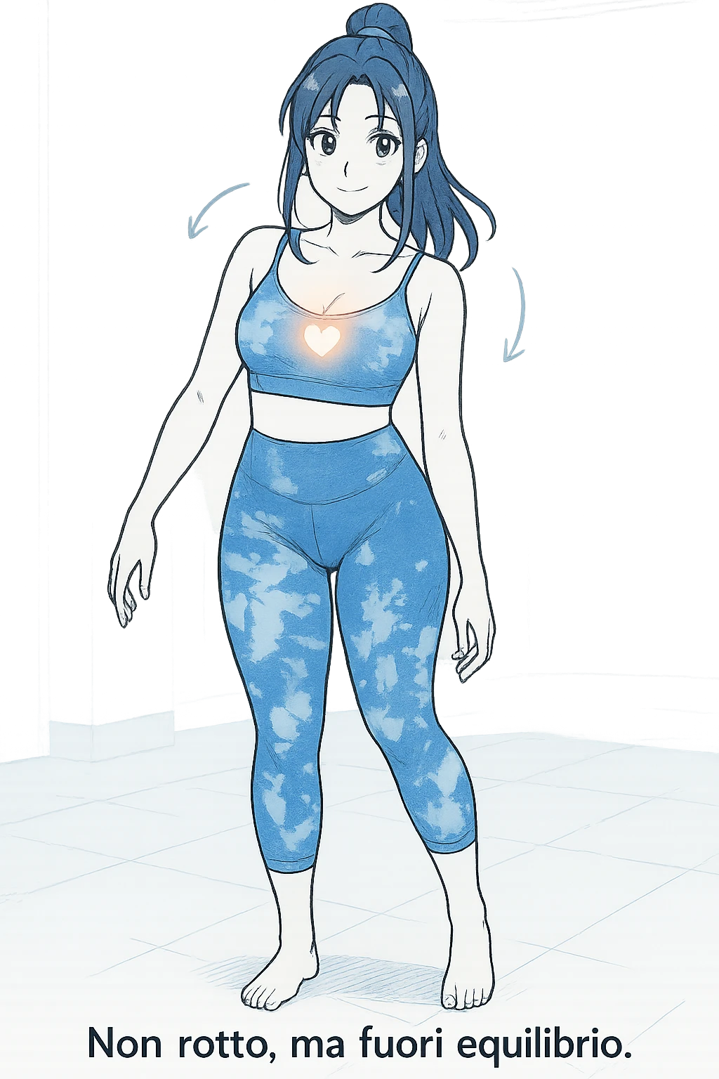 stile manga a woman stands in a relaxed pose, with a gentle, confident expression. Her body is shown with subtle, curved lines or arrows indicating areas of imbalance (such as a slight tilt in the shoulders or hips), but no signs of injury or damage. A soft glow or heart symbol at her core emphasizes resilience and the message “Non rotto, ma fuori equilibrio” The background is clean and clinical, with light blue tones. emoji