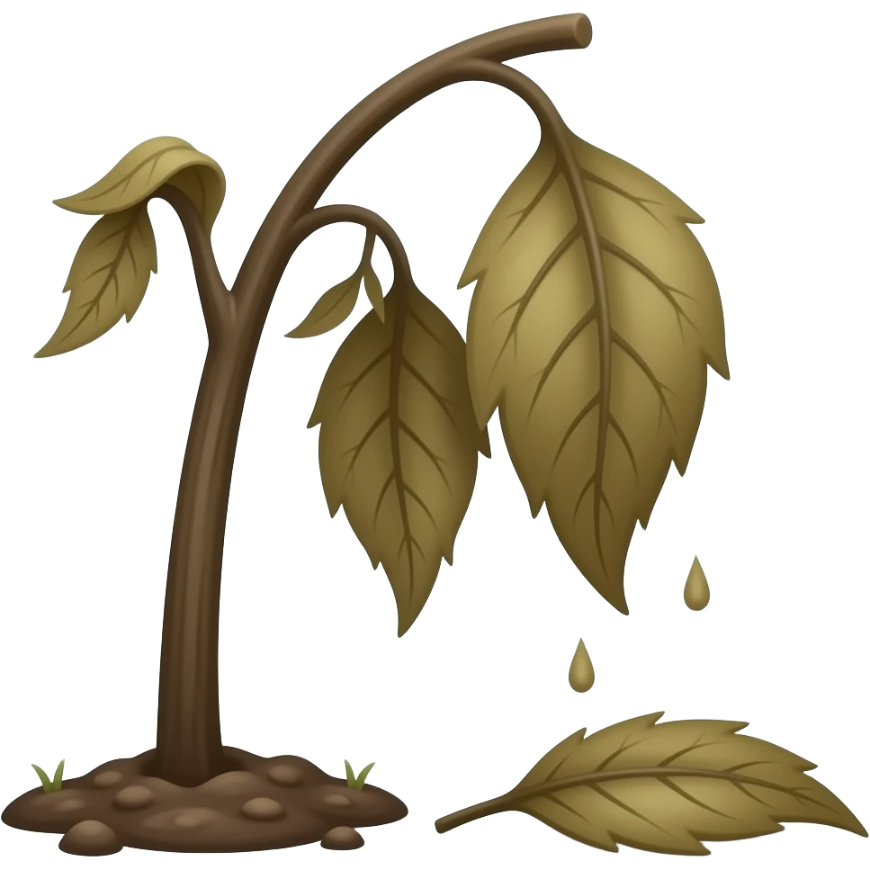 Wilted dead dark brown plantstem from the ground with leafs hanging and a leaf falling to the ground emoji