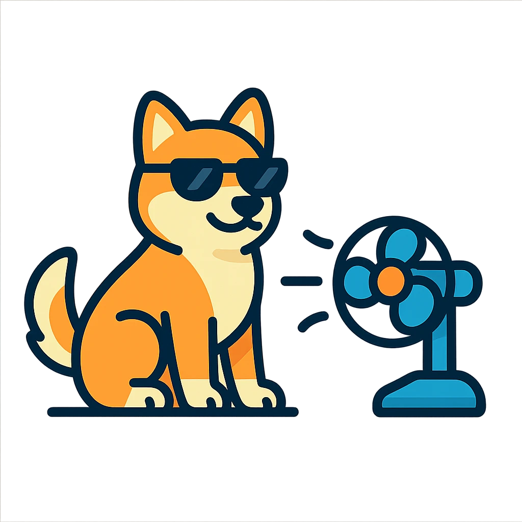minimalist vector style logo of a cool Shiba Inu dog sitting near a small fan warm cheerful colors friendly safe expression no text no background elements tech friendly vehicle UI emoji