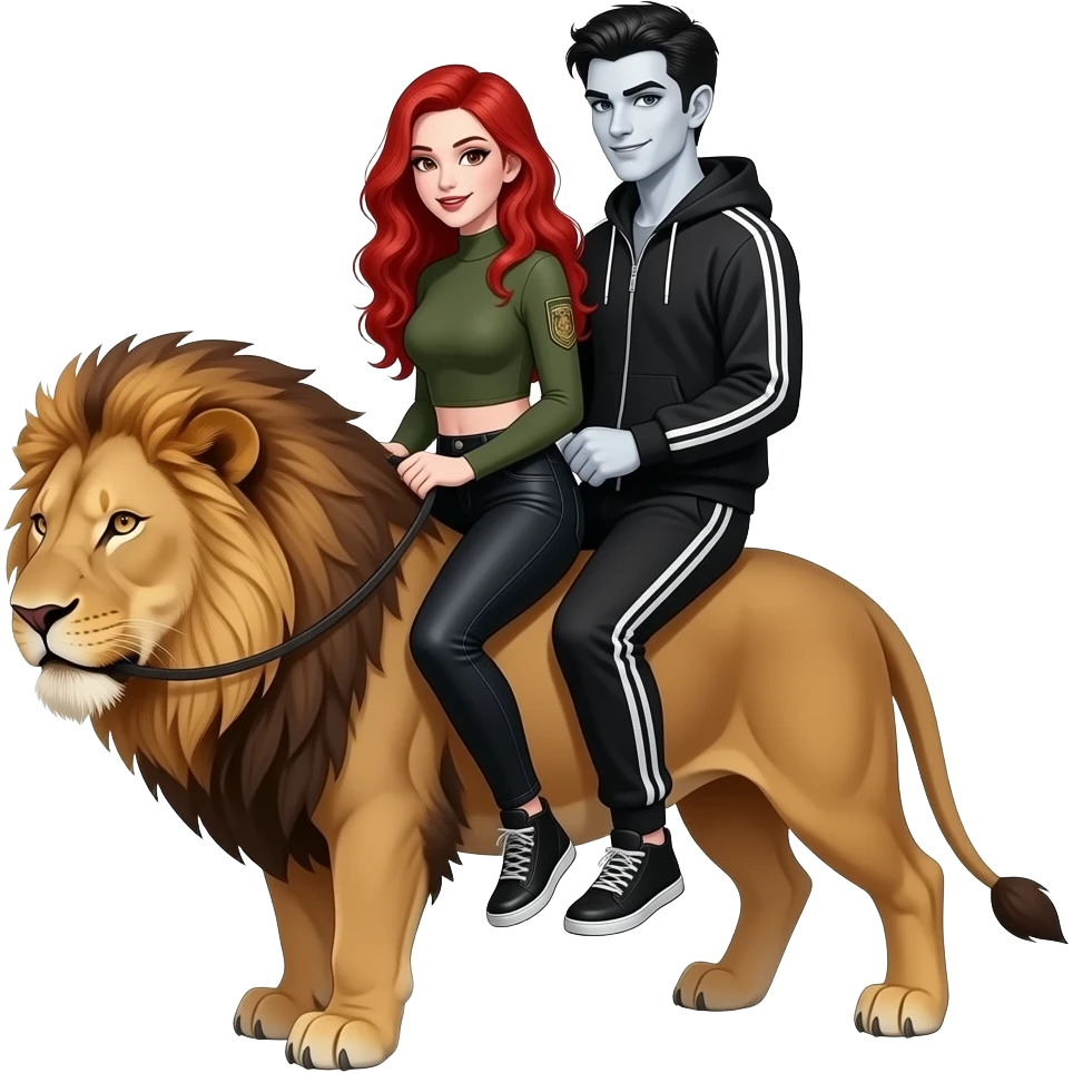 Vampiro adolescente femmina con pelle bianca e capelli rosso ondulati lunghi che indossa dei jeans neri a zampa d' elefante e un top stretto con le maniche lunghe stile militare con suo fratello VAMPIRO maschio con la pelle bianca e una tuta da ginnastica nera che cavalcano insieme un leone emoji