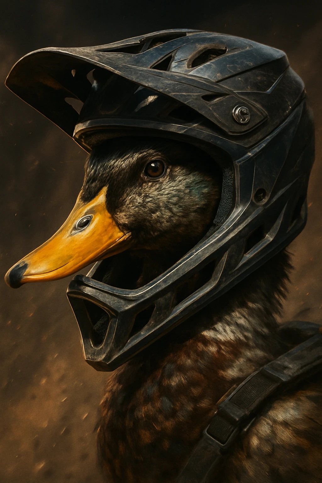 realistic duck head in a modern downhill helmet, detailed and dynamic emoji