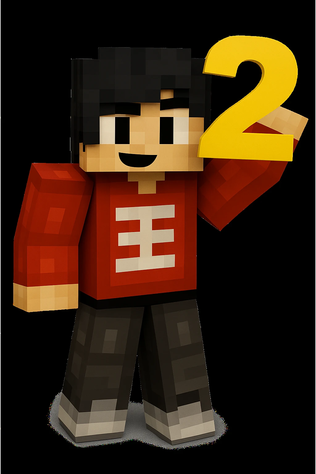 Add the number 2 held in the character's hand, keeping the original Minecraft cartoon style and pose exactly the same, only add the number 2 without changing anything else. emoji