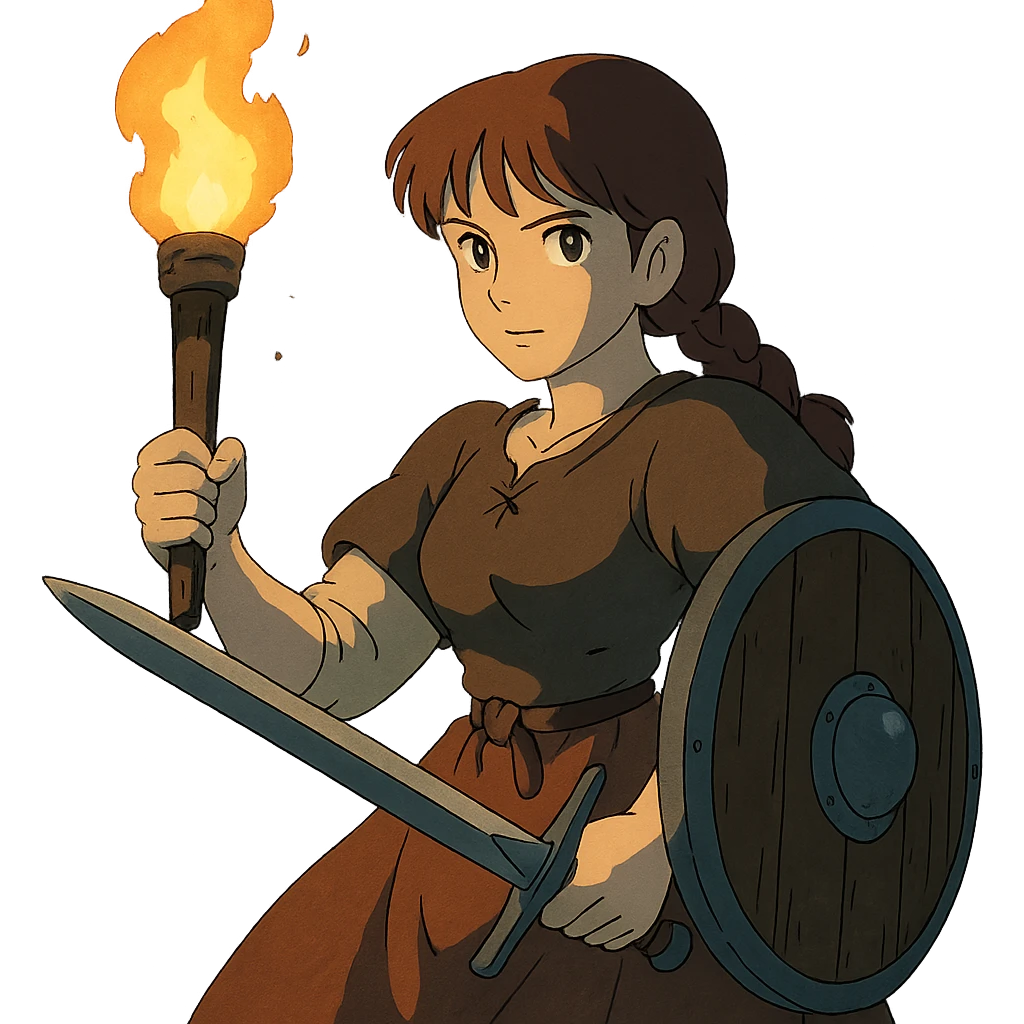 a warrior maiden with a sword and shield, common tavern clothing, eye gleam, defense stance, repose, amid darkness of midnight, holding only a torch emoji