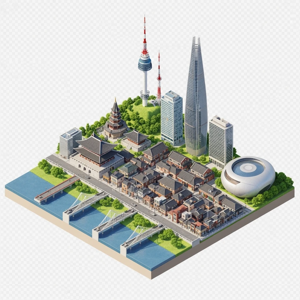 Isometric diorama of Seoul typical houses, Namsan Seoul Tower, Gyeongbokgung Palace, Lotte World Tower, Dongdaemun Design Plaza, and Han River bridges, 3D miniature effect and Tilt Shift effect, no cartoonish look, transparent background. emoji