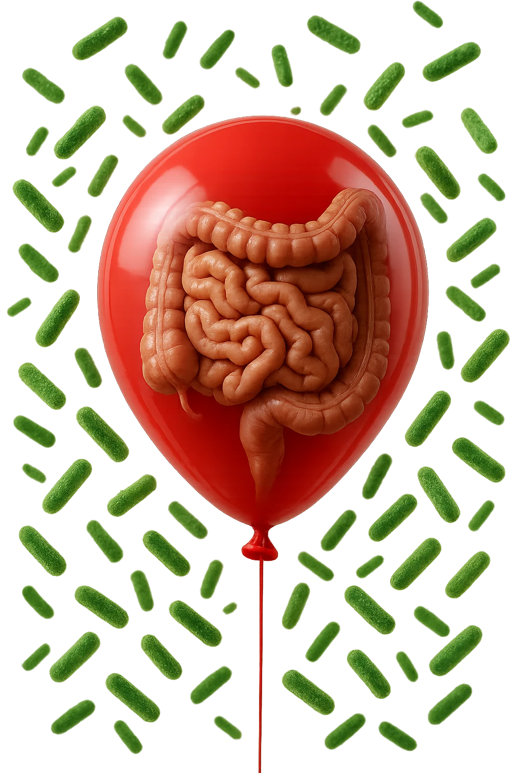 intestino umano anatomico chiuso in un palloncino rosso con batteri intestinali che fluttuano intorno, iperrealistico 4k emoji