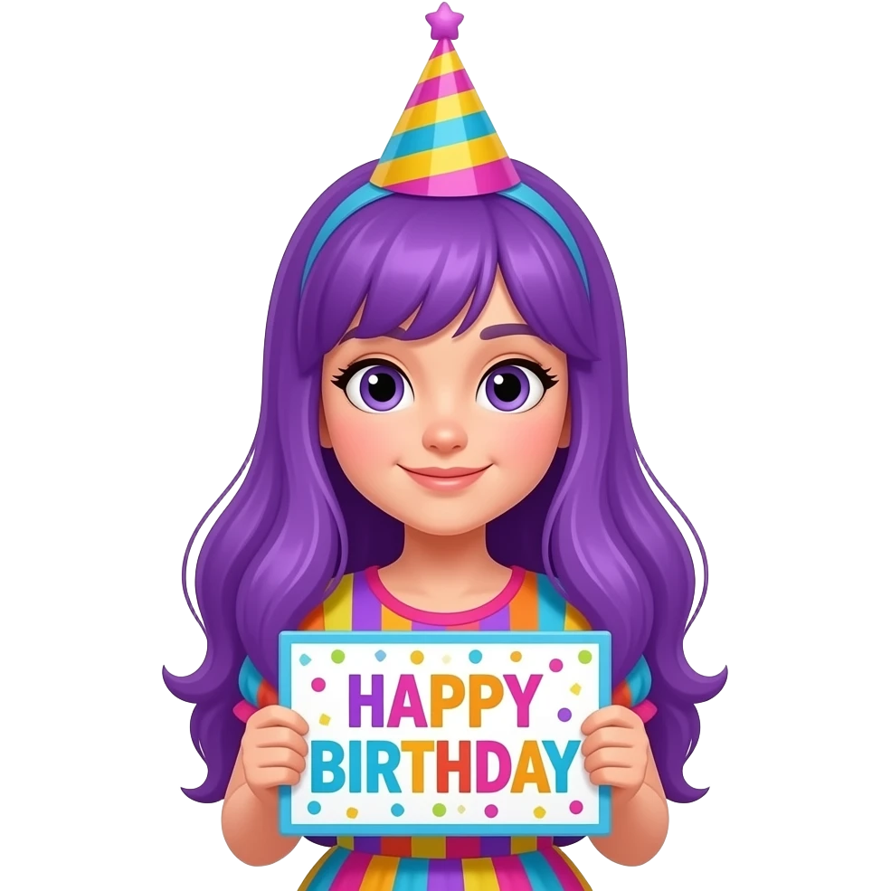 girl with long purple hair wearing a birthday costume holding a HAPPY BIRTHDAY sign emoji
