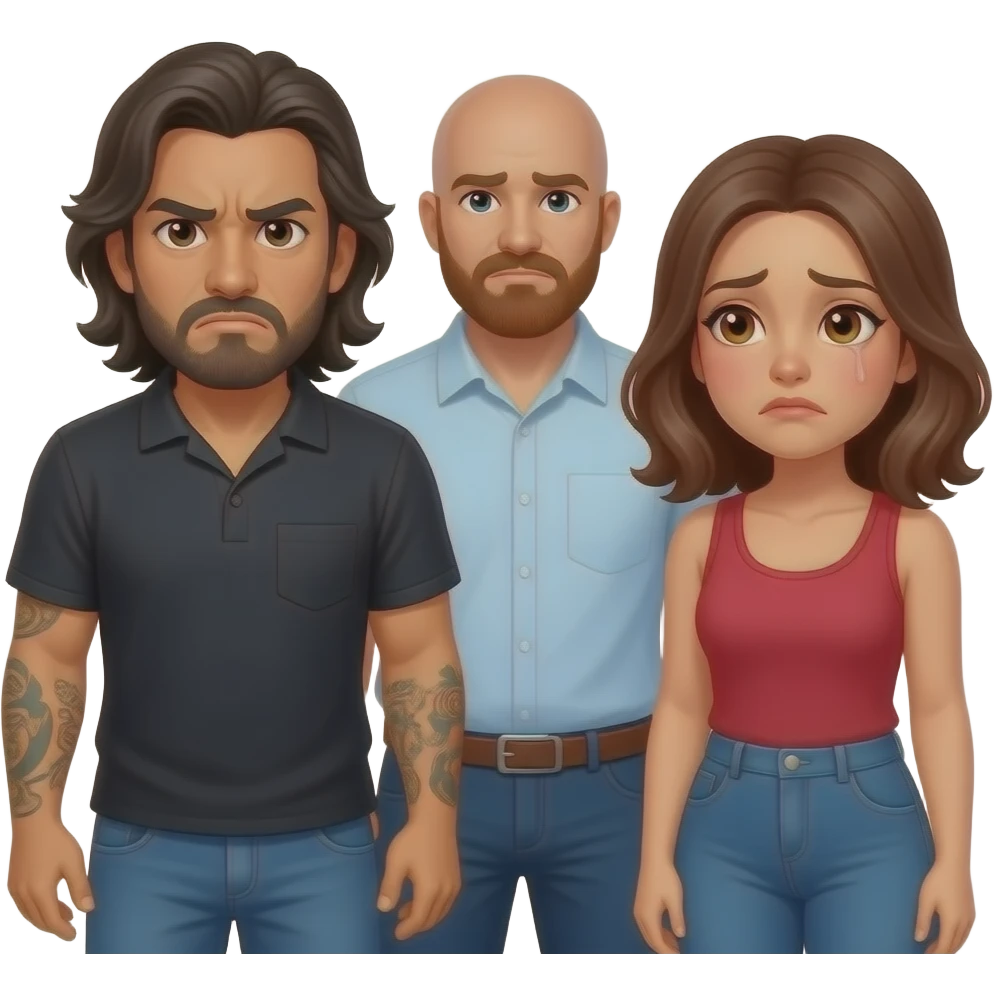 A really sad but angry Latino husband with medium length hair and beard and tattoos found out his wife was cheating on him with a bald, red bearded guy, and his wife is beautiful with hazel eyes and shoulder length brown hair and their relationship is broken emoji