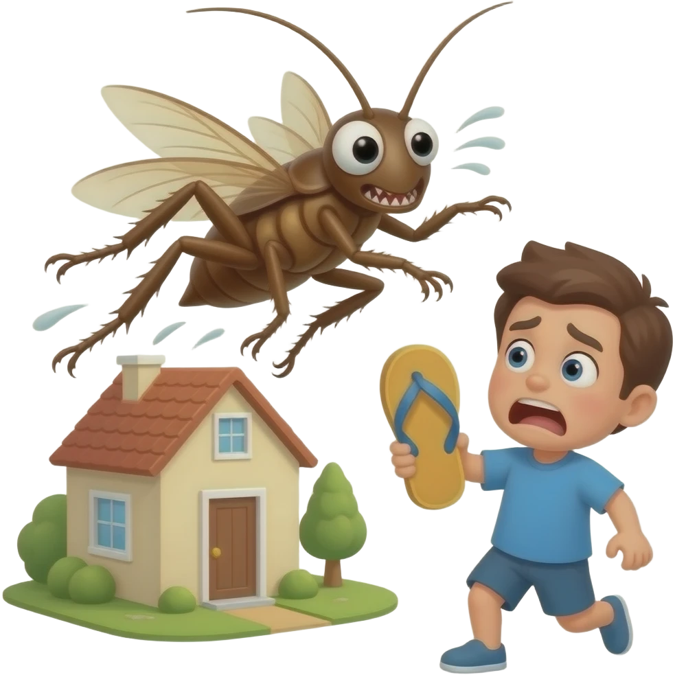 Uma barata Furiosa voando pela casa e um humano está com medo dela segurando um chinelo emoji
