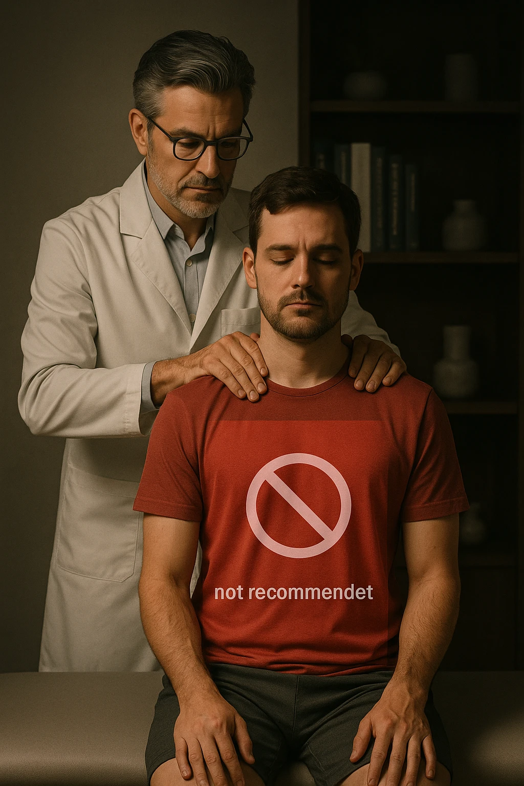 vertical cinematic illustration in stylish osteopathic studio, middle-aged male osteopath with salt-and-pepper hair and glasses dressed in modern white coat seated behind patient sitting upright on padded table applying shoulder manipulation, semi-transparent red overlay and clear 'not recommended' icon over patient's upper body communicating contraindication for postural asymmetry, softly lit background with medical books and minimalist decor, moody focused lighting evoking clinical precision and caution emoji