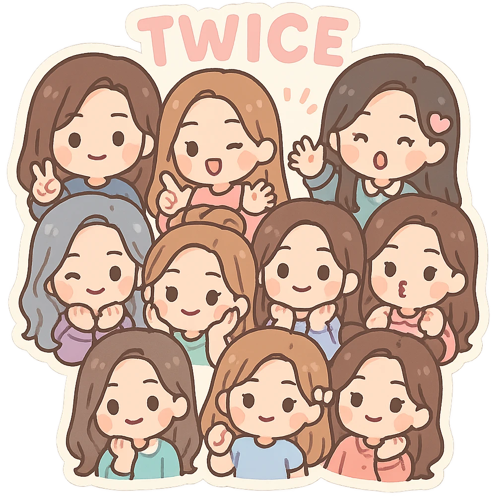Twice members as chibi characters, cute, playful, pastel colors emoji
