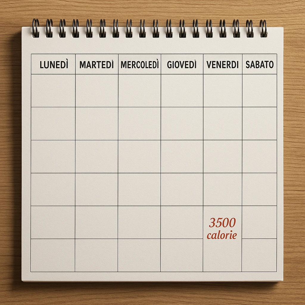 Hyperrealistic top-down view of a weekly calendar in Italian, showing days from Monday to Sunday. Only Saturday and Sunday have the text '3500 calorie' in red italic below, with no red circle on Friday. 4K details, desk atmosphere. emoji