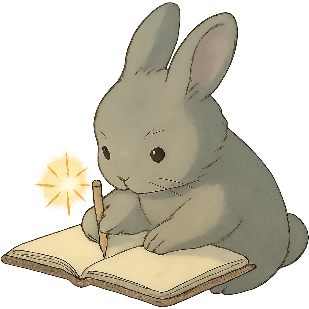 gray bunny writing in notebook with spark of light, soft ghibli style emoji