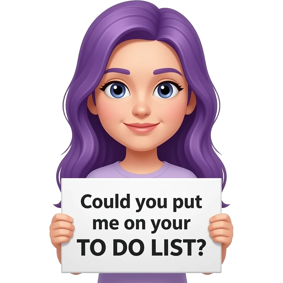 girl with long purple hair holding a Could you put me on your TO DO LIST? sign emoji