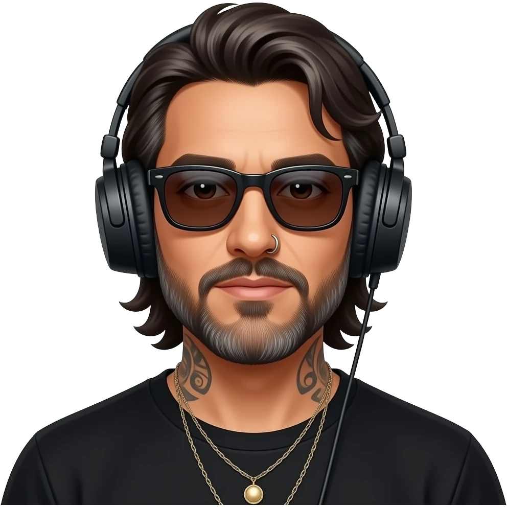 The handsome manly Latino podcast host with medium length hair, a long slightly graying beard and tattoos with his ears pierced 1 time each ear and a nose ring on the right side, dark brown eyes, wearing black, dark sunglasses, and jewelry, listening to music emoji